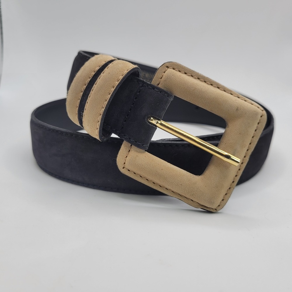 Vintage Jaeger Belt 30 Black Tan Nubuck Leather Italy Color Block Minimalist Mod